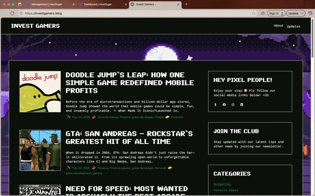 Screenshot of Invest Gamers website with a black box showing the latest game blogs in a game typeface on a background of a dark purple 8-bit night sky 