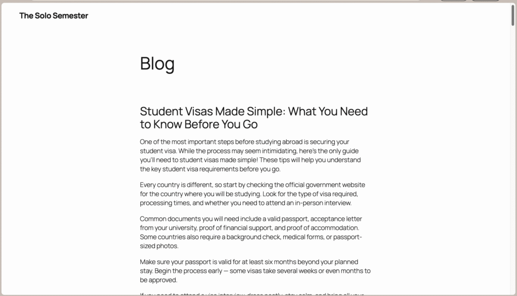 Screenshot of The Solo Semesster's Blog page with black text on white and no images.