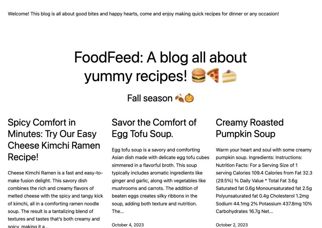 Easybites home page foodfeed with links to recipe posts