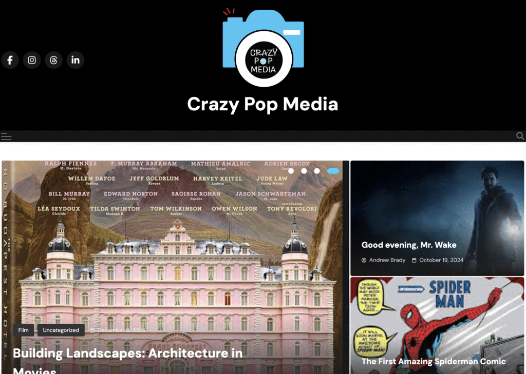 Screenshot of Crazy Pop Media. Black background with a light blue camera drawing logo and images of the Grand Budapest Hotel, Spiderman and the adventure game Alan Wake.