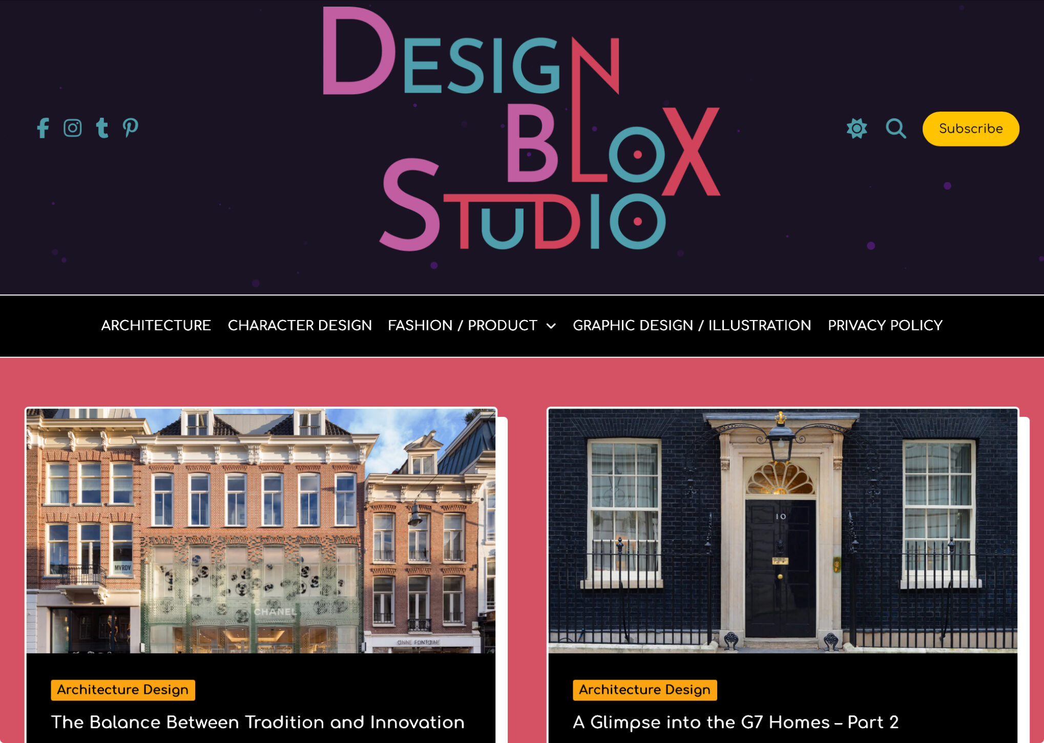 Screenshot of Design Blox Studio website with a black header and pink, red and blue text logo above two pictures of a glass Chanel storefront in a traditional brick structure with two white dormers and a photo of a black painted home with two mullion glass windows and two white columns flanking a black door.