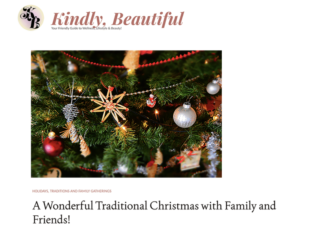 Kindly Beautiful screenshot featuring a photo of a close up of christmas tree ornaments: gold star, silver orb